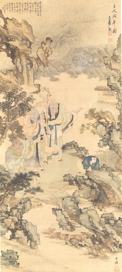 장승업, 삼인문년, 비단에 채색, 152.0×69.0㎝, 간송미술관 소장