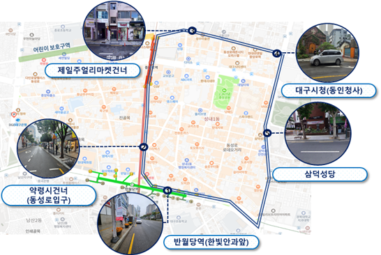 오는 10월 도입을 예정 중인 대구 동성로 일대 aDRT 예상 노선도. <대구교통공사 제공>