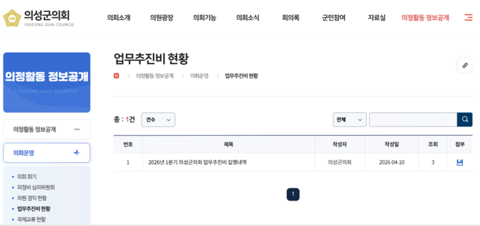 26일 의성군의회 홈페이지 업무추진비에 게재된 내역. 작성일은 4월10일로 게재돼 있다.