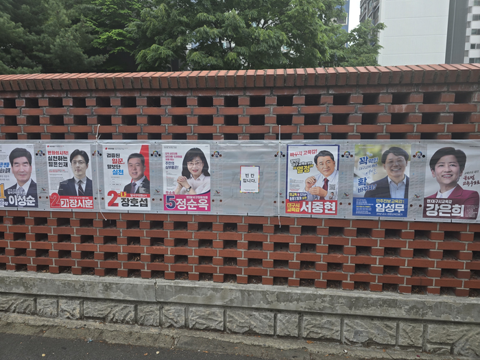 대구 달서구 도원동 한 아파트 벽면에 걸린  6·3지방선거 벽보. 구의원 후보 옆에 교육감 후보의 벽보가 걸려 있다. 김현목 기자