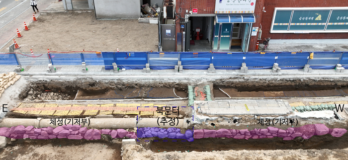 서성동 81-2번지 일원에서 발굴된 상주읍성의 체성부, 해자(垓子), 북문지, 등성시설. 2단으로 견고하게 쌓아 올린 축조 방식이 그대로 남아있다. <상주시 제공>