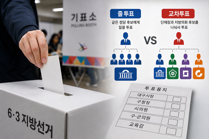 6·3 지방선거를 앞두고 대구 유권자들의 선택 방식에 관심이 쏠리고 있다. 이번 선거에서는 대구시장과 기초단체장, 광역·기초의원을 함께 뽑는 만큼 줄투표와 교차투표 여부가 핵심 변수로 꼽힌다.<그래프=생성형 AI 챗지피티>