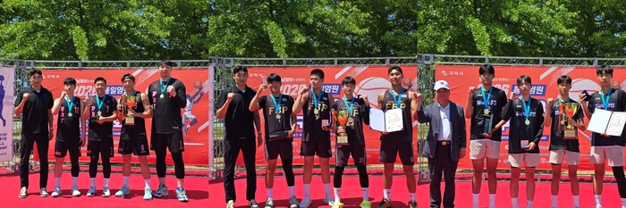 영남일보와 함께하는 2026 통일염원구미배 3on3 농구대회 우승팀. 대학일반부 RNT(왼쪽부터), 고등부 FBP, 중등부 뉴진스<박용기 기자>