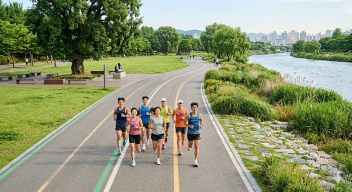 신천변을 함께 달리는 러닝 크루들은 같은 속도로 뛰며, 도시가 단순히 소비되는 공간이 아니라 함께 공유하는 공간임을 느낀다. <이미지(성모경)=생성형 AI>