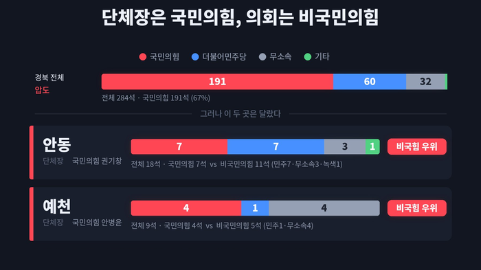 경북지역 전체 6·3 지방선거 정당별 당선 현황과 안동·예천 지역의 단체장-의회 다수당 불일치 현황을 기반으로 AI 클로드 제작