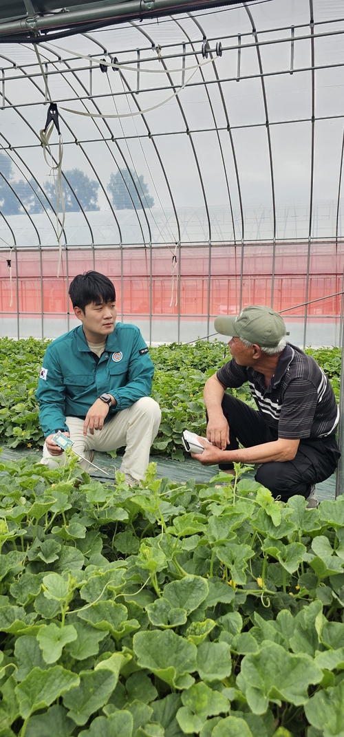 이재익 지도사가 참외농가 현장에서 농민과 함께 참외모종에 대한 상담 을 하고 있다. <석현철 기자>