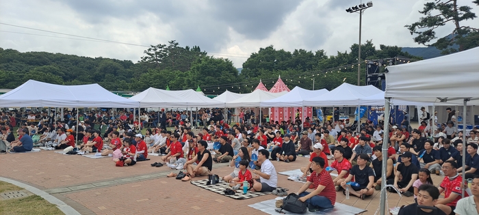 19일 오전 대구 수성구 수성못 상화동산 대형 스크린 앞에 모인 시민 300여명이 북중미월드컵 한국-멕시코전을 관람하고 있다. 이동현 기자