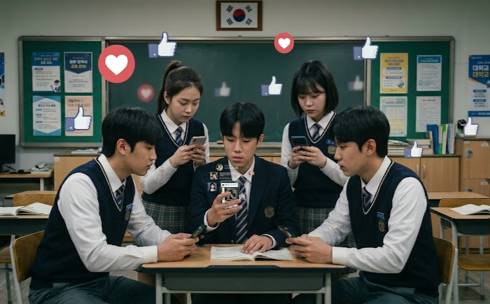 세계 각국이 청소년의 SNS 이용 규제에 나선 가운데 국내에서도 관련 법안 도입을 둘러싼 찬반 논쟁이 일고 있다. 사진은 교실에서 학생들이 스마트폰으로 SNS를 이용하는 모습. <이미지=제미나이 생성>