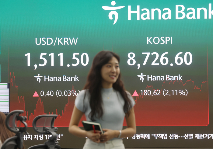 코스피가 상승세를 이어가며 8,700선 초반에서 마감한 16일 서울 중구 하나은행 딜링룸에서 직원이 업무를 보고 있다.  이날 코스피는 180.62포인트(2.11%) 오른 8,726.60으로 장을 마쳤다.  연합뉴스