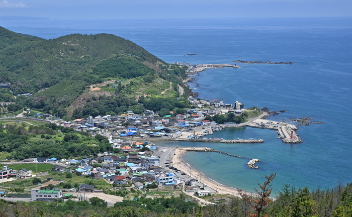 칠포리의 반달 모양의 만을 빽빽하게 채운 집들이 오붓하고 넉넉해 보인다. 이곳은 드라마 갯마을 차차차에서 공진마을의 전경으로 자주 보여졌다.