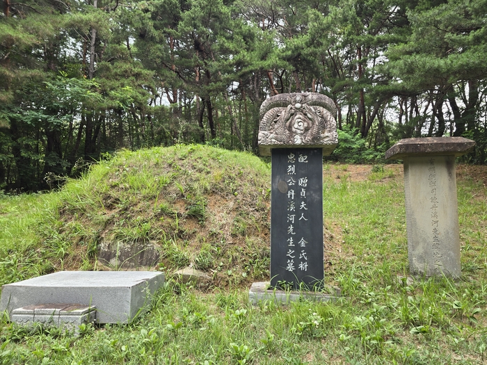 선산읍 죽장리에 있는 단계 하위지 선생 의관묘. 묘역에는 하위지를 기리는 묘비와 옛 석비가 함께 서 있다. 비 앞면에는 有明 朝鮮 司諫 丹溪 河先生 緯地 墓(유명 조선 사간 단계 하선생 위지 묘)라는 글자가 적혀 있다. 또 문인석은 두 손을 모은 채 묘역을 지키고 있고, 그 뒤 망주석이 있다. <박용기 기자>