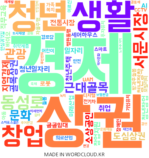 대구 중구의 지역구 지방의원 8명이 제시한 총  160건의 공약을 기반으로 만든 이미지. 단어의 크기가 클수록 의원들이 많이 제시한 공약. <워드클라우드 제작>