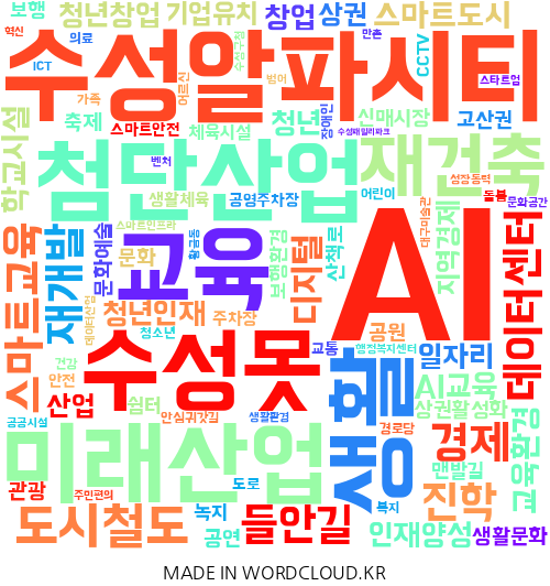 대구 수성구의 지역구 지방의원 24명이 제시한 총 461건의 공약을 기반으로 만든 이미지. 단어의 크기가 클수록 의원들이 많이 제시한 공약. <워드클라우드 제작>