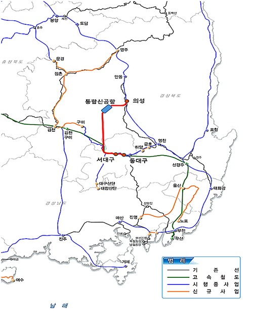 대구~경북 광역철도 노선도. 동대구·서대구에서 구미와 대구경북통합신공항을 거쳐 의성까지 잇는 총연장 70.1㎞ 계획 노선이 붉은색으로 표시돼 있다.<대구시 제공