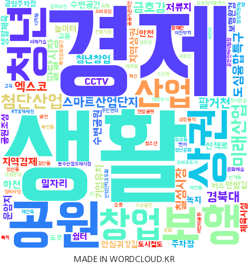 대구 북구의 지역구 지방의원 23명이 제시한 총  412건의 공약을 기반으로 만든 이미지. 단어의 크기가 클수록 의원들이 많이 제시한 공약. <워드클라우드 제작>