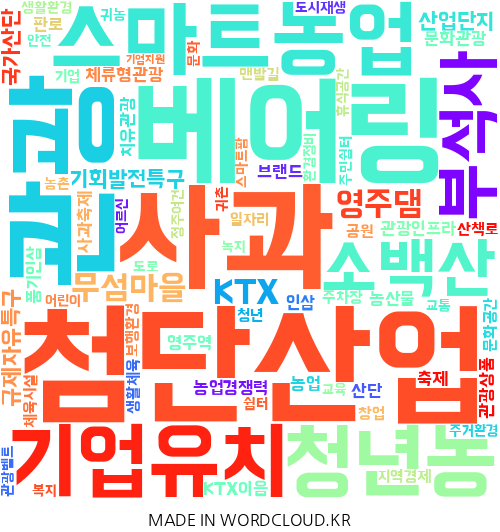 경북 영주의 지역구 지방의원 14명이 제시한 총 424건의 공약을 기반으로 만든 이미지. 단어의 크기가 클수록 의원들이 많이 제시한 공약. <워드클라우드 제작>