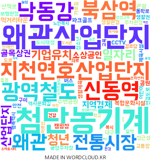 경북 칠곡의 지역구 지방의원 12명이 제시한 총 300건의 공약을 기반으로 만든 이미지. 단어의 크기가 클수록 의원들이 많이 제시한 공약. <워드클라우드 제작>