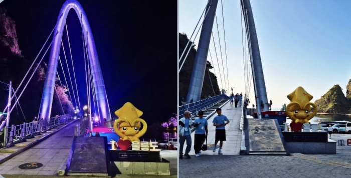 (좌) 오후 8시 도동항 전경, (우) 오전 8시 도동항 전경. <홍준기 기자>
