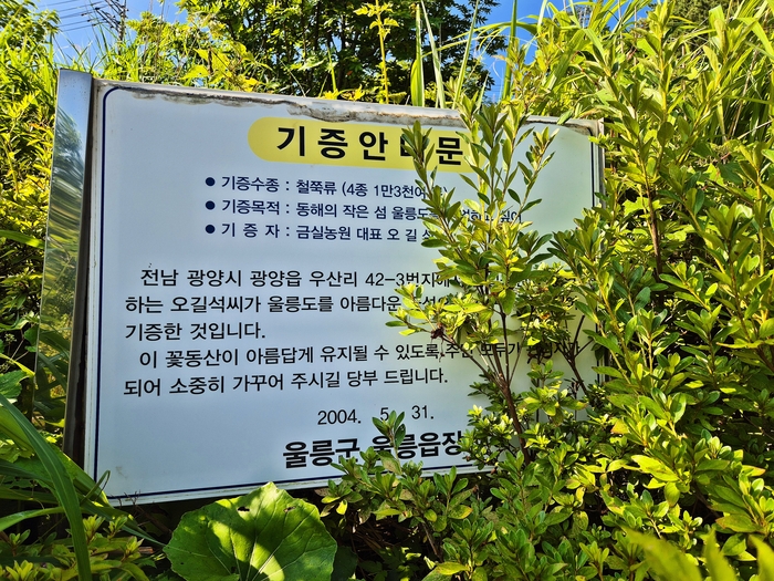 지난 2004년 한 개인이 울릉도를 아름답게 가꿔 달라며 철쭉 1만3천여 그루를 기증했다는 안내판이 설치돼 있지만, 현재는 안내판조차 잡초에 파묻혀 내용을 확인하기 어려운 상태가 되어 있다. <홍준기 기자>
