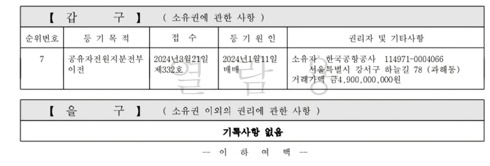 한국공항공사가 지난 2024년 울릉읍 사동리 864번지 일원 7천64㎡ 부지를 49억원에 매입한 등기부 등본. <홍준기 기자>