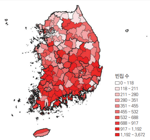국토연구원이 2024 행정안전부 빈집 행정조사를 바탕으로 작성한 빈집 지도 <출처 국토연구원>