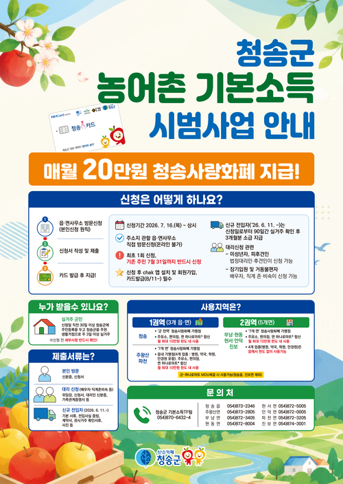 청송군 농어촌 기본소득 시범사업 안내문. 지급 대상자로 확정된 주민에게는 이달 말부터 매월 20만원의 청송사랑화폐가 지급된다. 청송군 제공