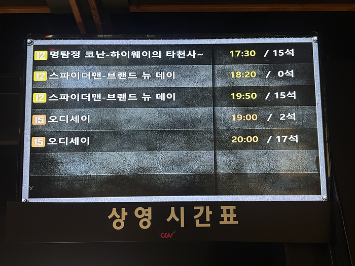 지난 15일 오후 5시20분 CGV 대구한일점의 상영관 잔여석 현황. 오후 6시20분에 상영하는 스파이더맨: 브랜드 뉴 데이는 이미 매진이었다. 조현희 기자