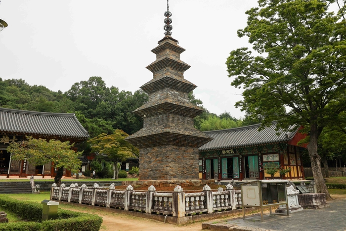 송림사 대웅전 앞에 우뚝 선 오층전탑. 탑 상륜부의 금동 장식이 선명하게 남아 있어 신라 전탑 양식의 진수를 보여준다. 마준영 기자