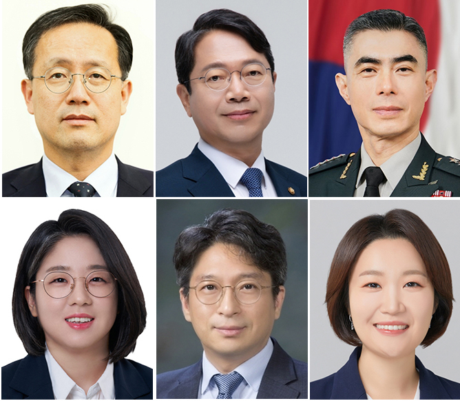 윗줄 왼쪽부터 재정경재부 장관 후보로 지명된 이형일 1차관, 법무부 장관 후보로 지명된 더불어민주당 김승원 의원, 국방부 장관 후보로 지명된 강신철 전 연합사 부사령관.
    아랫줄 왼쪽부터 성평등가족부 장관 후보로 지명된 기본소득당 용혜인 의원, 국토부 장관 후보로 지명된 홍지선 2차관, 중소벤처기업부 장관 후보로 지명된 민주당 이소영 의원.  연합뉴스