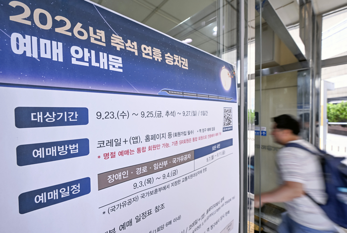 2일 대구 동구 동대구역 출입구에 추석 명절 승차권 예매 일정을 안내하는 게시물이 붙어 있다. 한국철도공사(코레일)는 23일부터 27일까지 운행하는 열차를 대상으로 교통약자 사전예매를 3~4일, 일반예매를 7~11일 진행한다.
이현덕기자 lhd@yeongnam.com 