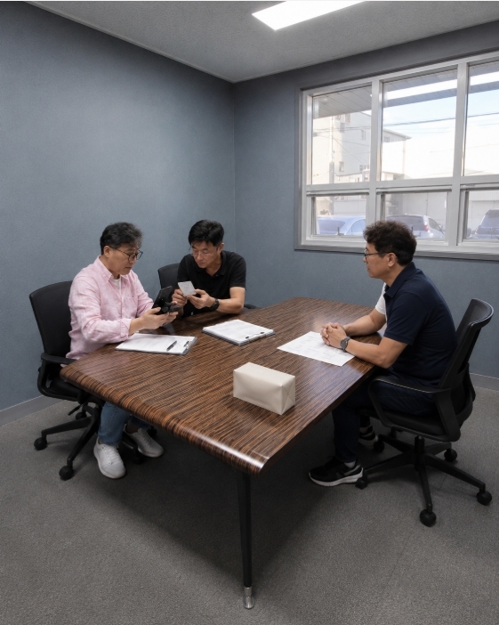 서화국 SMT TECH 대표가 직원들과 제품 판매 방안에 대해 논의하고 있다.