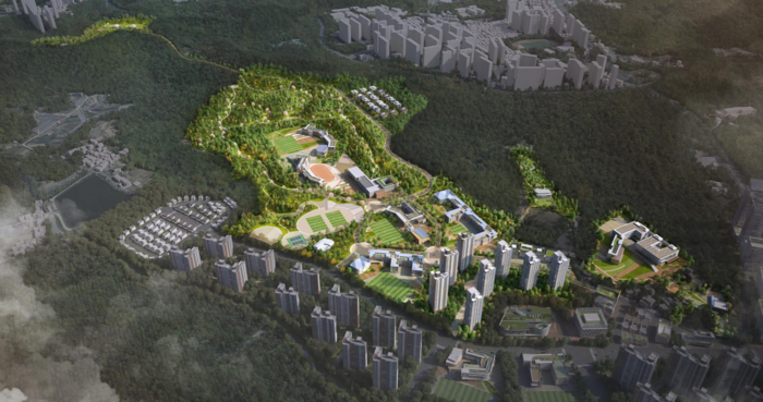방공포병학교·제1미사일방어여단 후적지 개발 구상 조감도. 이천동 일대는 국제교육 기능을 중심으로 한 글로벌 에듀파크로 재편할 계획이다.<대구시 제공>