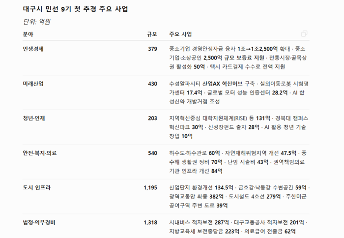 대구시가 민선 9기 첫 추가경정예산 4천65억원을 편성해 민생경제, 미래산업, 청년·인재, 안전·복지·의료, 도시 인프라 등 주요 분야에 재원을 투입한다.<자료:대구시>