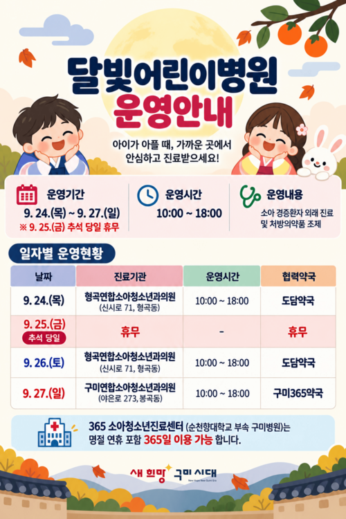 추석연휴 달빛어린이병원 운영 안내