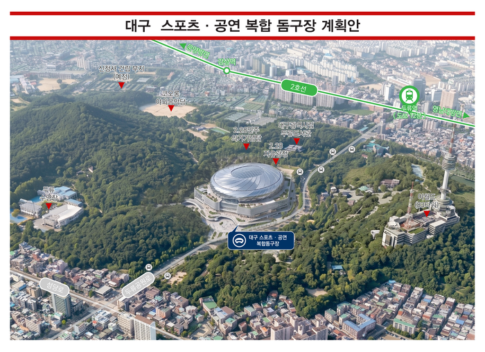 대구시가 두류공원 유니버시아드테니스장과 인접 부지를 후보지로 검토 중인 스포츠·공연 복합 돔구장 조감도. 2만석 규모로 계획됐으며, 가변좌석을 활용하면 최대 2만8000명까지 수용할 수 있다. 후보지 주변에는 도시철도 2호선 두류역과 이월드, 코오롱야외음악당, 대구문화예술회관 등이 자리하고 있다. 대구시 제공