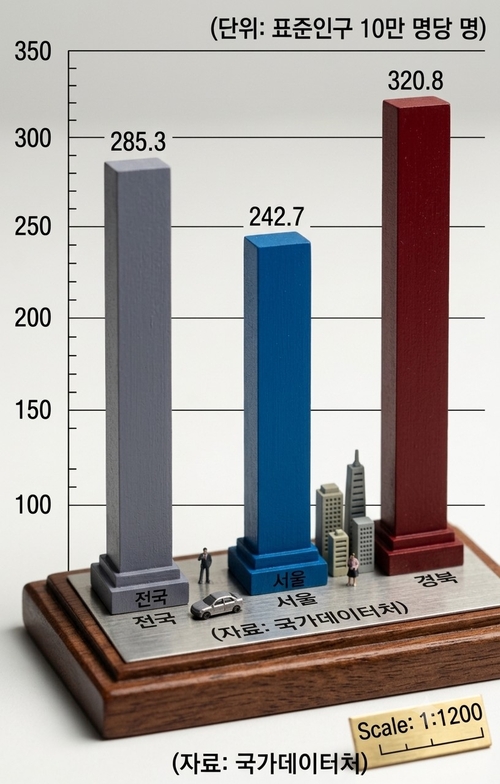 2025년 전국·서울·경북 연령표준화사망률 현황. 국가데이터처 제공
