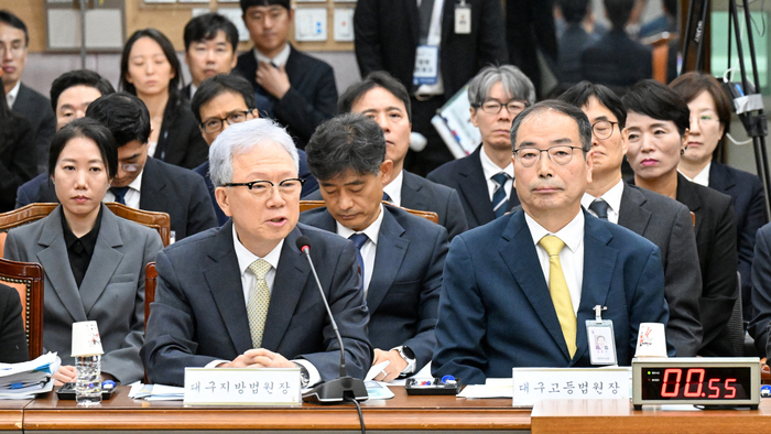 20일 대구 수성구 대구고등법원에서 열린 국회 법제사법위원회의 2026년도 국정감사에서 강동명 대구지방법원장이 의원 질의에 답변하고 있다. 이날 국정감사는 대구고등·지방·가정·회생법원, 부산고등·지방·가정·회생법원, 울산지방·가정법원, 창원지방법원을 대상으로 진행됐다. 정세영 수습기자