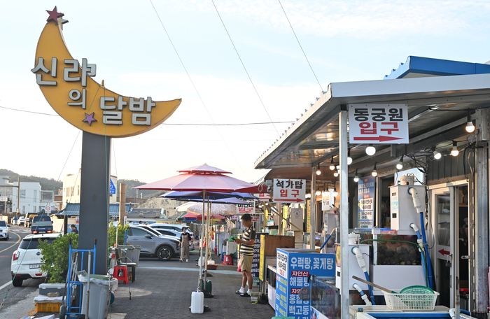 이견대, 석가탑, 다보탑, 동궁원, 안압지, 첨성대 등 경주의 관광 명소를 모아놓은 간판들이 밤이 되면 하나둘 불을 밝힌다경. 주 나정항 신라의 달밤 포차거리.