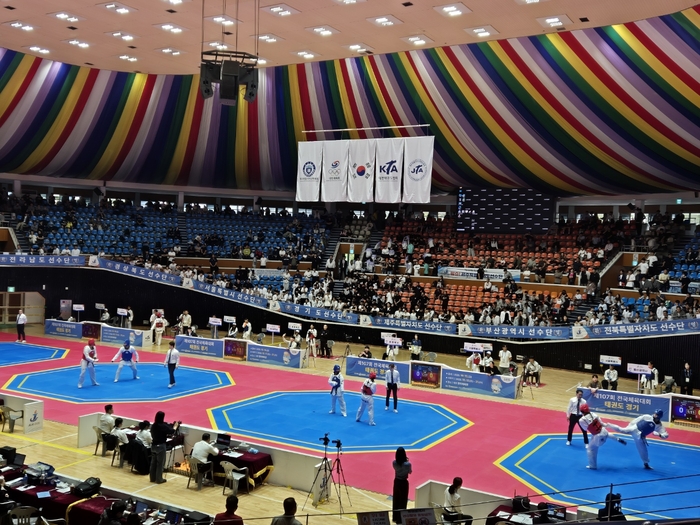 18일 제주 한라체육관에서 전국체전 태권도 경기가 진행되고 있다. 이날 대구의 오서린이 금메달을 따냈다.