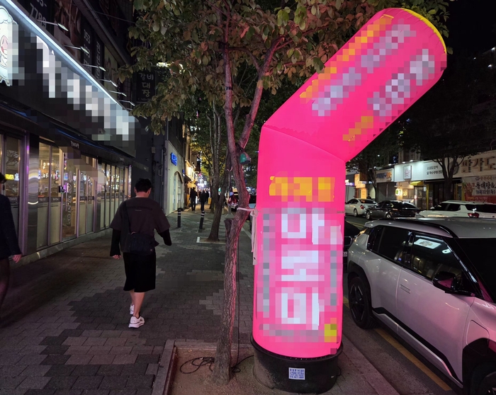 지난 23일 오후 8시쯤 대구시 동구 동대구역터미널 인근 식당가 앞에 바람 빠진 에어라이트가 나무에 묶여 있다. 동경민 수습기자
