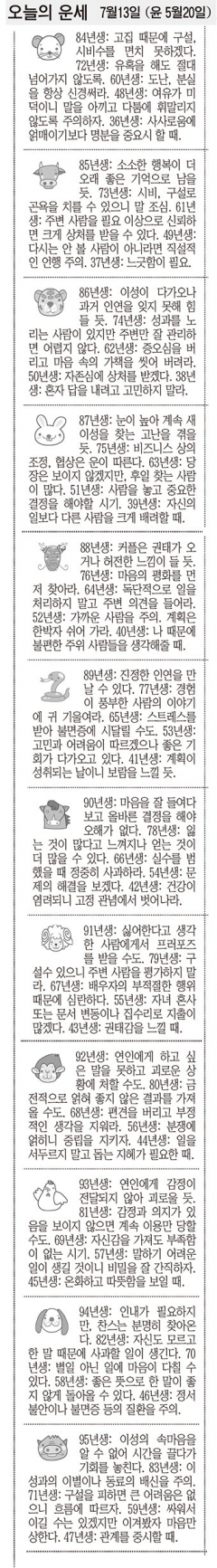 [오늘의 운세]  7월13일 (윤 5월20일) (오늘의 띠별 운세) (생년월일운세)
