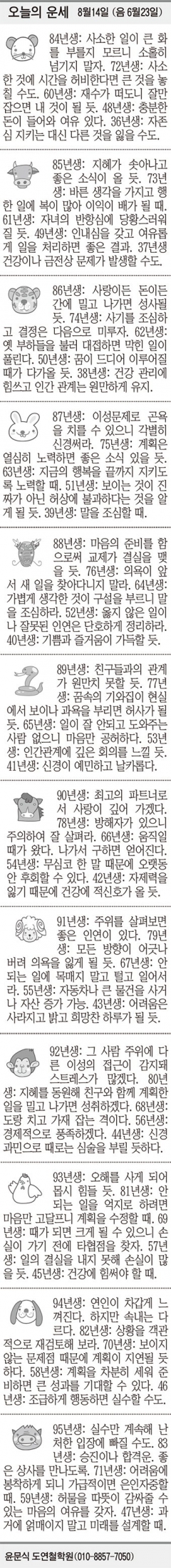 [오늘의 운세] 8월14일 (음 6월23일) (오늘의 띠별 운세) (생년월일 운세)