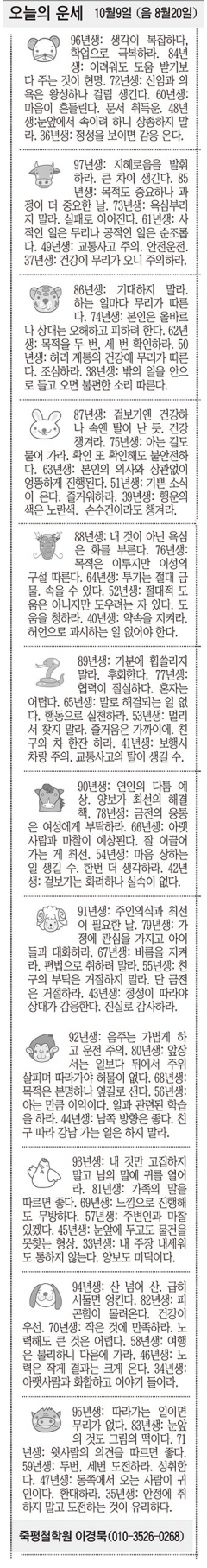 [오늘의 운세] 10월9일 (음 8월20일) (오늘의 띠별 운세) (생년월일운세)