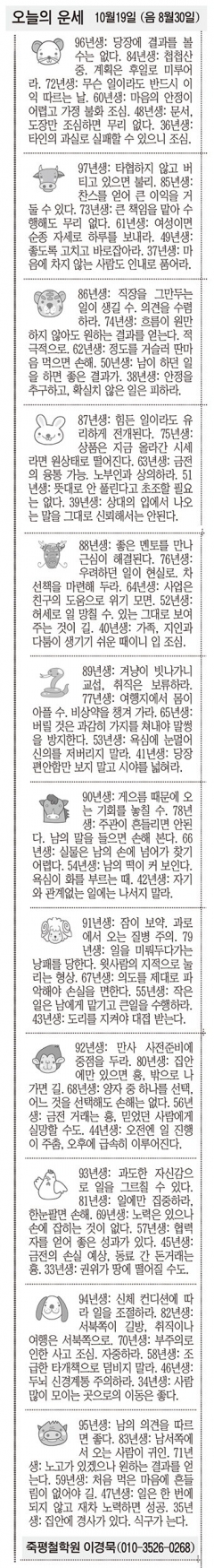 [오늘의 운세] 10월19일 (음 8월30일) (오늘의 띠별 운세) (생년월일운세)