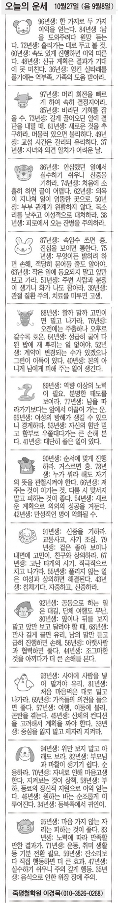 [오늘의 운세] 10월27일 (음 9월8일) (오늘의 띠별 운세) (생년월일운세)
