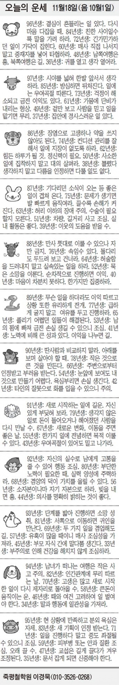 [오늘의 운세] 11월18일 (음 10월1일) (오늘의 띠별 운세) (생년월일 운세)