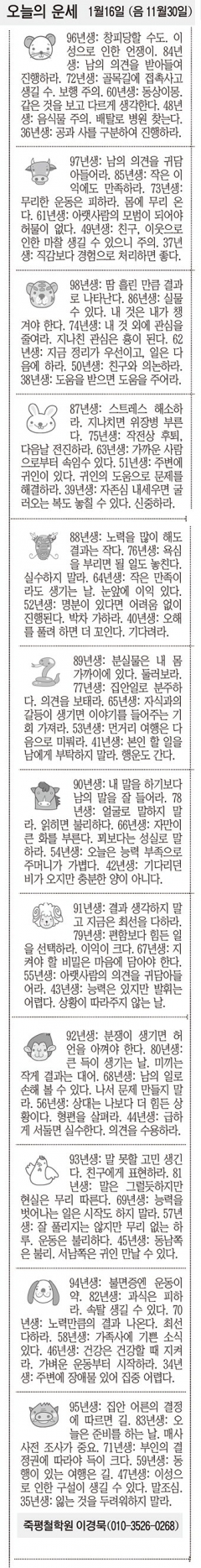 [오늘의 운세] 1월16일 (음 11월30일) (오늘의 띠별 운세) (생년월일운세)