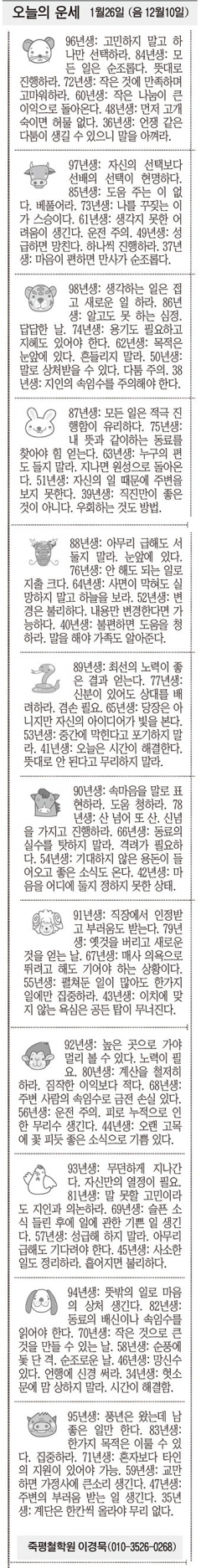 [오늘의 운세] 1월26일 (음 12월10일) (오늘의 띠별 운세) (생년월일운세)