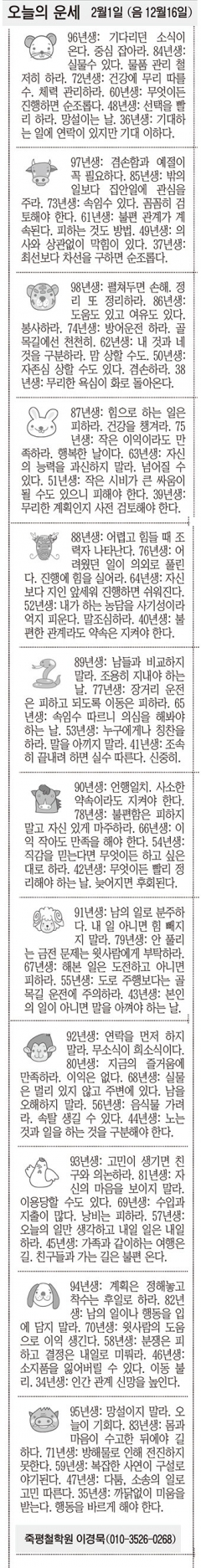 [오늘의 운세]  2월1일 (음 12월16일) (오늘의 띠별 운세) (생년월일운세)