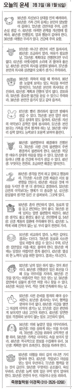 [오늘의 운세] 3월3일 (음 1월16일) (오늘의 띠별 운세) (생년월일운세)